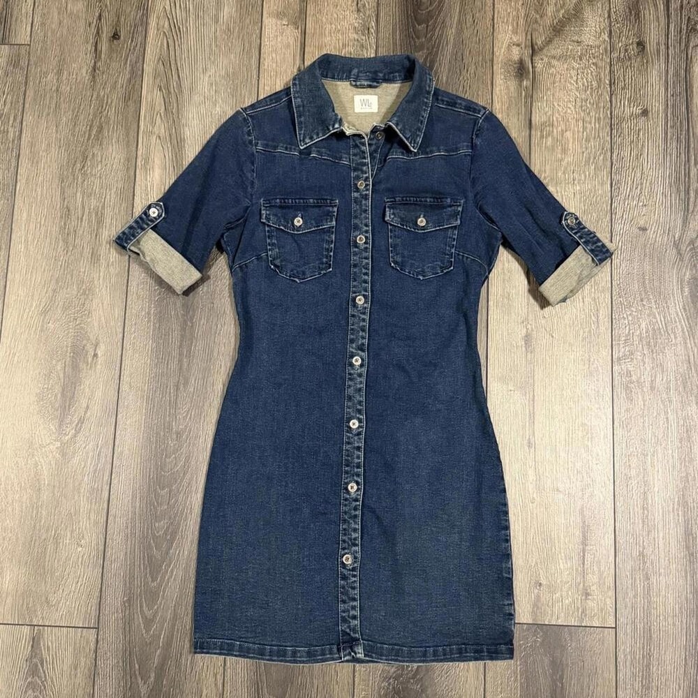 Wash Lab Denim Pieced Mini Shirt Dress Dark Wash Blue S Casual Western Chic